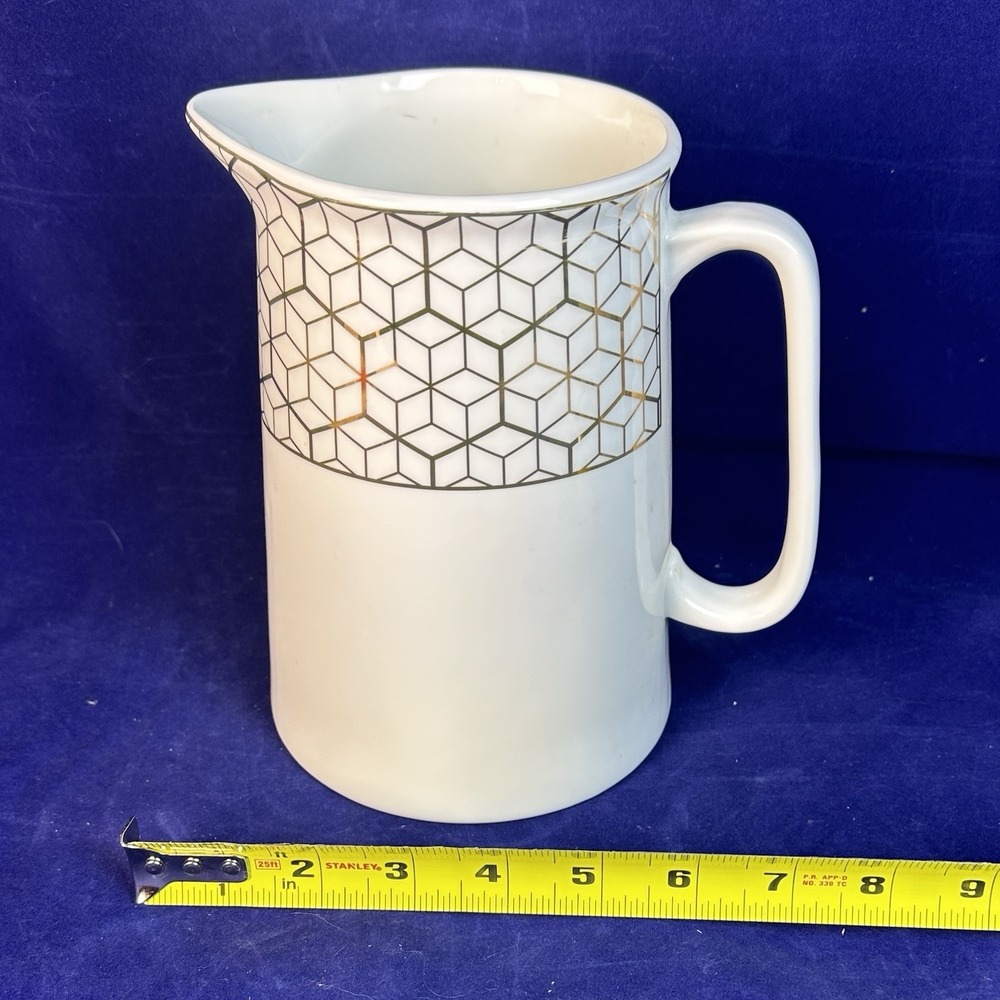 Grace's White with Metallic Gold Geometric Trim Porcelain Teapot Pitcher - Picture 12 of 13